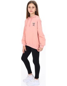 Resim Toontoy Kids Toontoy Kız Çocuk 2'li Takım Baskılı Kapüşonlu Düşük Omuz Sweatshirt & Basic Düz Tayt Mercan 