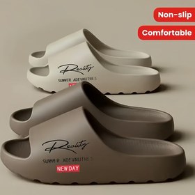 Resim 1 Çift Unisex Kalın Yumuşak Terlikler, Dayanıklı ve Rahat İç/Dış Mekan Kaydırmalı Ayakkabılar Dokulu Taban Tasarımlı, Düz Renkli Harf Baskılı Moda Ayakkabı, Siyah, Beyaz, Kahverengi renklerde mevcut 
