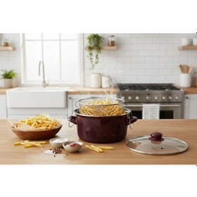 Resim Emaye Kızartma Tenceresi Renkli 22 Cm Bordo 