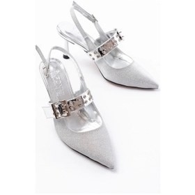 Resim Gümüş Simli Günlük Arkası Açık Baret Tokalı Topuklu Kadın Ayakkabı Gri 