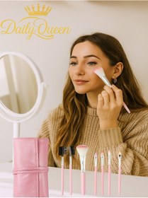 Resim Daily Queen 7 Parça Makyaj Fırça Seti Penbe Deri Çantalı Lüx Ve Kaliteli 