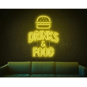 Resim Drınks & Food Yazılı Hamburger Figürlü Neon Tabela Sarı 