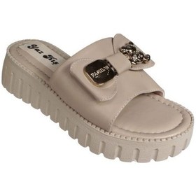 Resim Yazkış Kadın Siyah Krem Üzeri Fiyonk Tokalı 5cm Kalın Düz Taban Terlik 001 