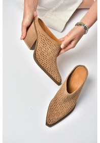 Resim Fox Shoes Y654930702 Vizon Hakiki Deri Süet Western Topuklu Kadın Terlik 
