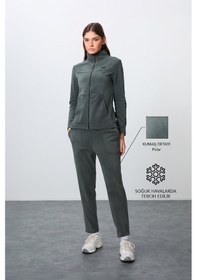 Resim Tommy Life Haki Kalın Yumuşak Dokulu Dik Yaka Oversize Nakışlı Polar Kadın Eşofman Takım -95339 Haki 