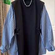 Resim Kadınlar için Oversize Sahte İki Parça Çizgili Kazak Ceket - Kahverengi/Bej/Beyaz Yatay Çizgili Yaka & Manşon Düğmeli-Ön Kapalı Süveter Palto, Gündelik Ofis Giyimi, İlkbahar/Sonbahar İkileme Parçası (Makinede yıkanabilir) 