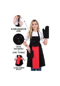Resim Star Ayar Askılı Havlulu 4lü Mutfak Önlüğü Seti Eldiven Tutacak Siyah-kırmızı-siyah 