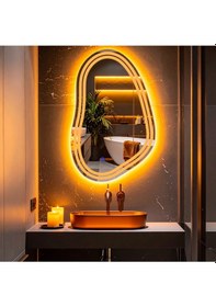 Resim Axira Amber Led'li Lazer Kumlamalı Lavabo & Banyo Aynası Dokunmatik Sensörlü 100 X 65 Cm Turuncu 
