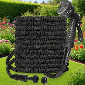 Resim Yüksek Basınçlı Geri Çekilebilir Bahçe Hortumu, Püskürtme Tabancası ile 3x Uzatılmış 3/4 İnç Kauçuk Boru Avrupa ve Amerikan Dişli Adaptörleri ile Araba Yıkama, Çim ve Bahçe Çok Amaçlı Dayanıklı Polyester Dış Katman Sağlam Nozul Tasarımı Bahçe Su Borusu 100 Ayak Bahçe Hortumu 