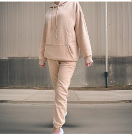 Resim Unisex Üç İplik Şardonlu Oversize Hoodieli Eşofman Takımı-bej Bej 