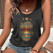Resim Kadınlar için Rahat Kolsuz Tank Top Harf Baskılı & Aplike Detaylı - Yuvarlak Yaka, Makinede Yıkanabilir, İlkbahar Yaz Sonbahar Modası, Mevsimlik Moda, Gökyüzü Motifi, Yumuşak Kumaş 