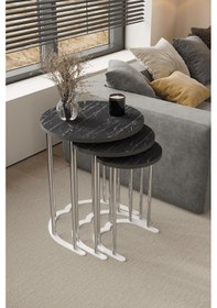 Resim 3' Lü Zigon Sehpa Gümüş Ayak Siyah Mermer 18 Mm Mdf Gümüş - Beyaz Mermer 