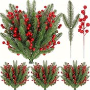 Resim 12 Adet Şenlikli Noel Ağacı Hediye Süsleri: Kırmızı Meyvelerle Yapay Yeşil Çam İğneleri, Kendin Yap, Aile Tatil Süslemeleri İçin Mükemmel, Noel, Cadılar Bayramı, Şükran Günü ve Paskalya İçin Uygundur 