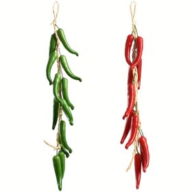 Resim 2 Set Gerçekçi Kırmızı ve Yeşil Yapay Biber Kolyeleri - İç/Dış Mekan Duvar Dekoru, Şükran Günü Ev Dekorasyonu, Su Geçirmez Çiftlik Mutfak Partisi Aksesuarları 