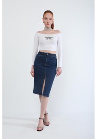 Resim Banny Jeans Önden Yırtmaçlı Likralı Midi Jean Etek Koyu Mavi 