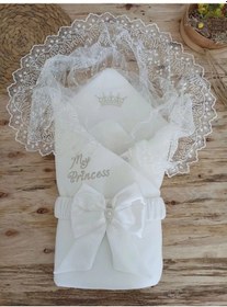 Resim Yenidoğan Sahra Taç Benim Prensesim Nakışlı Kundak Bebek Battaniyesi Ekru Çok Renkli 