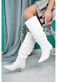 Resim Kadın Tamara Beyaz Cilt Körüklü Sivri Burun Çivi Topuk Çizme Beyaz 