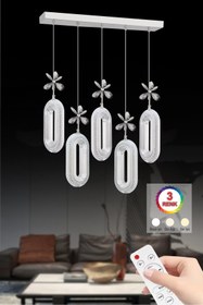 Resim İstanbul Avize Led Alfa 5'li Sıralı Led Gümüş Yemek Masası Kumandalı 3 Renk Ledli Modern Led Avize 