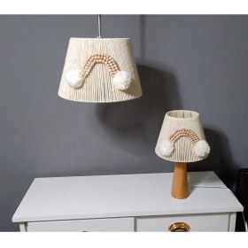 Resim Ekru Makrome Avize Abajur Set Ahşap Boncuklu Bebek Çocuk Odası E27 Uyumlu 