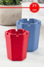 Resim 12den 2'li Altıgen Kokusuz Küllük, Kokusuz Dumansız Plastik Küllük 2 ADET Kırmızı-Mavi 