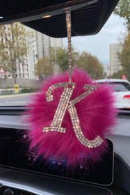 Resim Arabasına Aşıklar Kulübü Taşlı Dikiz Ayna Kolye Aksesuarı Pembe Tüylü K Harfli 