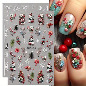 Resim 5D Christmas Nail Art Stickers and Decals - Matte Finish, Rectangle Shape with Flowers and Snowflake Patterns, Glittery Floral Bouquet, Unscented, Single Use, Self-Adhesive for Plastic Surfaces - Pack of 2 Sheets 