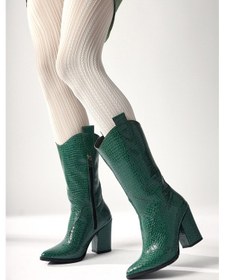 Resim Keri Yeşil Kroko Asimetrik Kesim Topuklu Kısa Çizme 001 