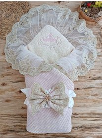 Resim Yenidoğan Kuzulu Taç Nakış Güpürlü Fiyonklu Duvaklı Prizma Taş Unisex Kundak Bebek Battaniyesi Pembe 