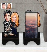 Resim Bk Gift Kişiye Özel Sevgililer Karikatürlü Ahşap Biblo Telefon Standı-7 