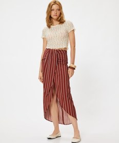 Resim Koton Koton X Melis Ağazat - Midi Boy Sarong Etek Kruvaze Asimetrik Slim Fit Kahverengi Çizgili 4sak70227ew Kahve Çizgili Kahve 
