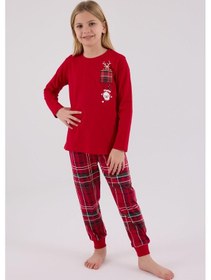 Resim Arnetta Kız Çocuk Aile %100 Pamuklu 4 Mesim New Year Uzun Kollu Pijama Takım Kırmızı 