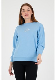 Resim Kadın Oversize Yazı Baskılı 3 İplik Sweatshirt Mavi 