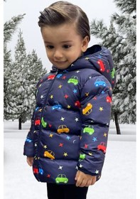 Resim Erkek Çocuk Polarlı Kapüşonlu Gezegen Yıldız Desenli Kışlık Şişme Mont & Kaban & Parka Lacivert 