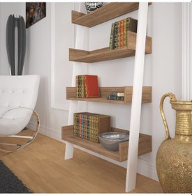 Resim Pasifichome Only Raflı Koyu Meşe Merdiven Kitaplık / Duvara Monte Kitaplık 