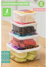 Resim 4 Lü Desenli Saklabı Kabı Seti Erzak Kabı Buzdolabı Kabı Kare Bpa Free Şeffaf 