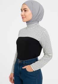 Resim mirach Beyaz Çizgili Dik Yaka Boyunluklu Kolluk Penye Pamuk Kadın Tesettür Boyunluk Siyah Beyaz 