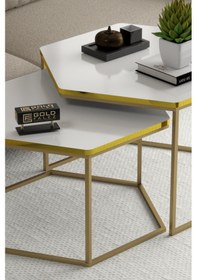 Resim Orta Sehpa Altıgen İkili Lüx Gold Beyaz Çok Renkli 