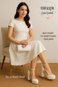 Resim Famels Kadın Bride İncili Kalın Topuklu Özel Gün Nikah Düğün Gelin Ayakkabısı ve Kombin Çanta 