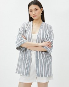 Resim Koton Oversize Keten Kimono Cepli Kısa Kollu Çizgili Multi Renkli 3sak50189uw 3SAK50189UWCSM Çok Renkli 