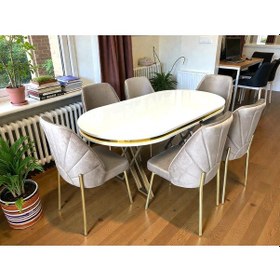 Resim Msy Home 6 Kişilik Nova White Gold Beyaz Masa Yönsüz Kumaş Modern Ve Şık Yemek Masası Takımı Cappuccino 