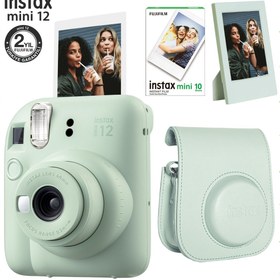 Resim Fujifilm Instax mini 12 Yeşil Fotoğraf Makinesi-10'lu Film-Çerçeve ve Deri Kılıf Seti 