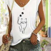 Resim Kedi Desenli V Yaka T-shirt, Bahar ve Yaz İçin Rahat Kısa Kollu Üst, Kadın Giyim 