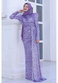 Resim Raika Moda Parıltılı Kol Tüy Detaylı Şura Tesettür Büyük Abiye Lavanta 