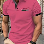 Resim Erkekler için Yaz Pembe Polo Gömlek, Kontrast Kenar Bant ve "PARIS" Baskısı - Günlük Yaka, Kısa Kollu, Hafif Polyester, Günlük Giyim için 