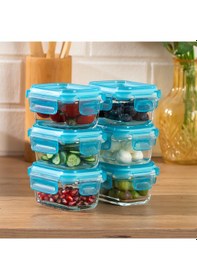 Resim Porsima 4376 6lı Sızdırmaz Kilit Kapaklı Yiyecek Erzak Saklama Kabı Seti - Cam Saklama Kabı - 150ml Mavi Mavi 