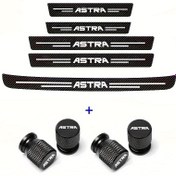 Resim 5 adet Araba Eşiği Koruma Etiketi, Karbon Fiber Dokulu, Basit Siyah ve Beyaz Tasarım, 4 adet Valf Kapak Seti, Lastik Sızıntısını Etkili Bir Şekilde Önleyen, Araba Görünümünü Yükseltmek İçin Uygun, Opel Astra İçin Uygun 