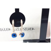 Resim Taşli Büyük Cam Göz Halka Gümüş Küpe 
