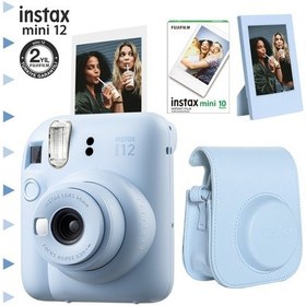 Resim Fujifilm Instax Mini 12 Fotoğraf Makinesi + 10'lu Film + Çerçeve + Deri Kılıf Seti Mavi 