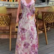 Resim Romantik 2025 Yaz Çiçek Desenli V Yaka Uzun Elbise - Şık Hafif Polyester Makinede Yıkanabilir Midi Elbise, Kadınlar için Günlük ve Resmi Etkinlikler 