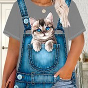Resim Kadınların Büyük Beden Kısa Kollu T-Shirt'i, Mavi Kot Cebi Tasarımı ile Sevimli Kedi, Zarif Rahat Yazlık Tişört, Nefes Alabilen Yuvarlak Yaka Üst, Sevimli Gömlek 